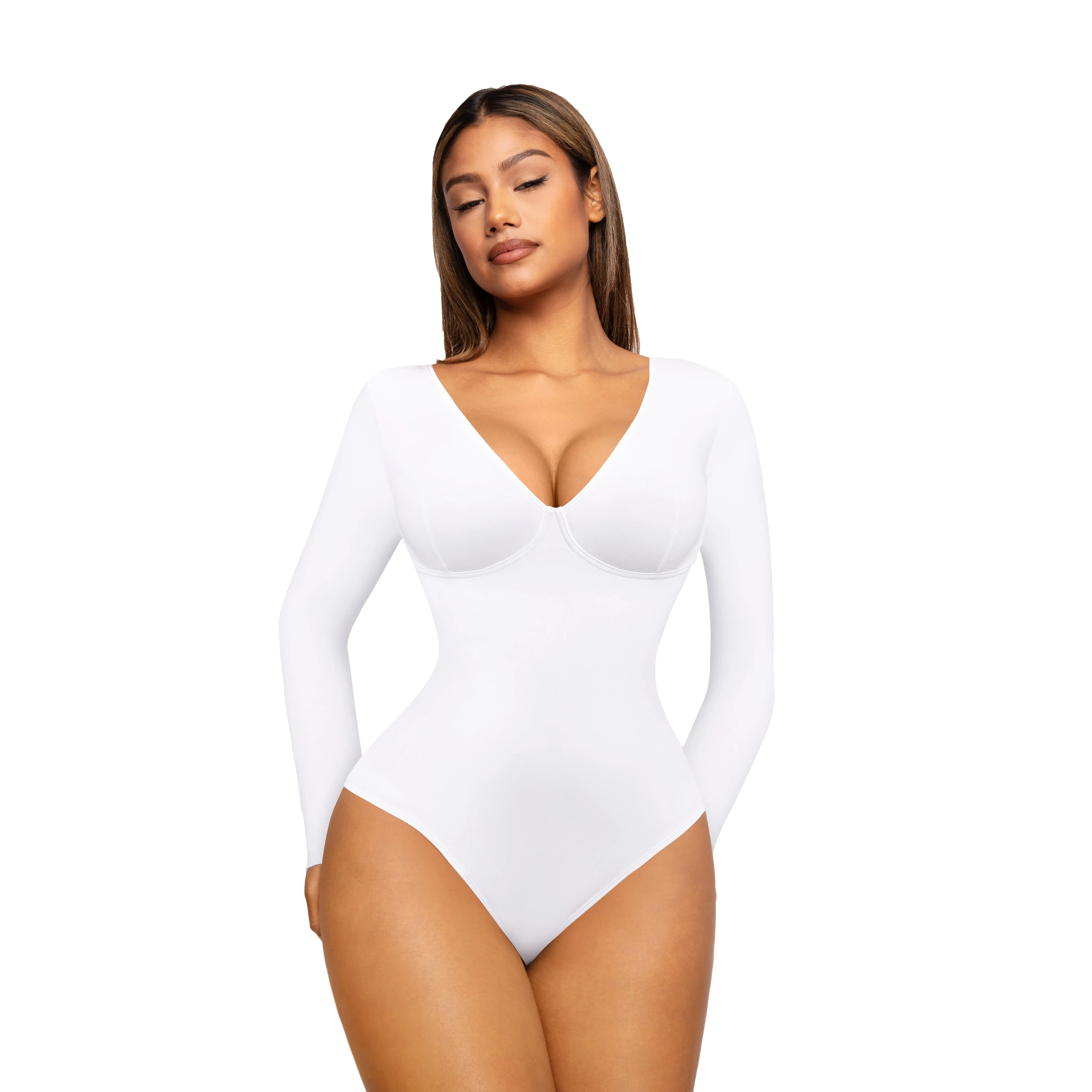 Long Sleeves Deep-V Neck White