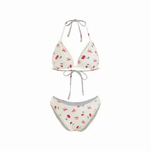 Cider V-neck Check Cherry Graphic Contrasting Binding Halter Cheeky Bikini Swimsuit