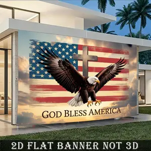 2D Flat Banner Polyester Photography Backdrop, HD Printed Soft Lightweight Foldable Background Cloth featuring American Flag, Bald Eagle, Cross, and "God Bless America" Text for Patriotic Events, Party Decor, Photo Booths, Indoor