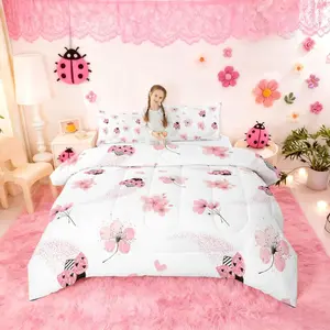 Cute Ladybug Comforter Set,Cherry Blossoms Bedding Set,Kids Girls Women,Adults Pink Gradient Glitter Comforter,Cartoon Kawaii Quilted Duvet Set