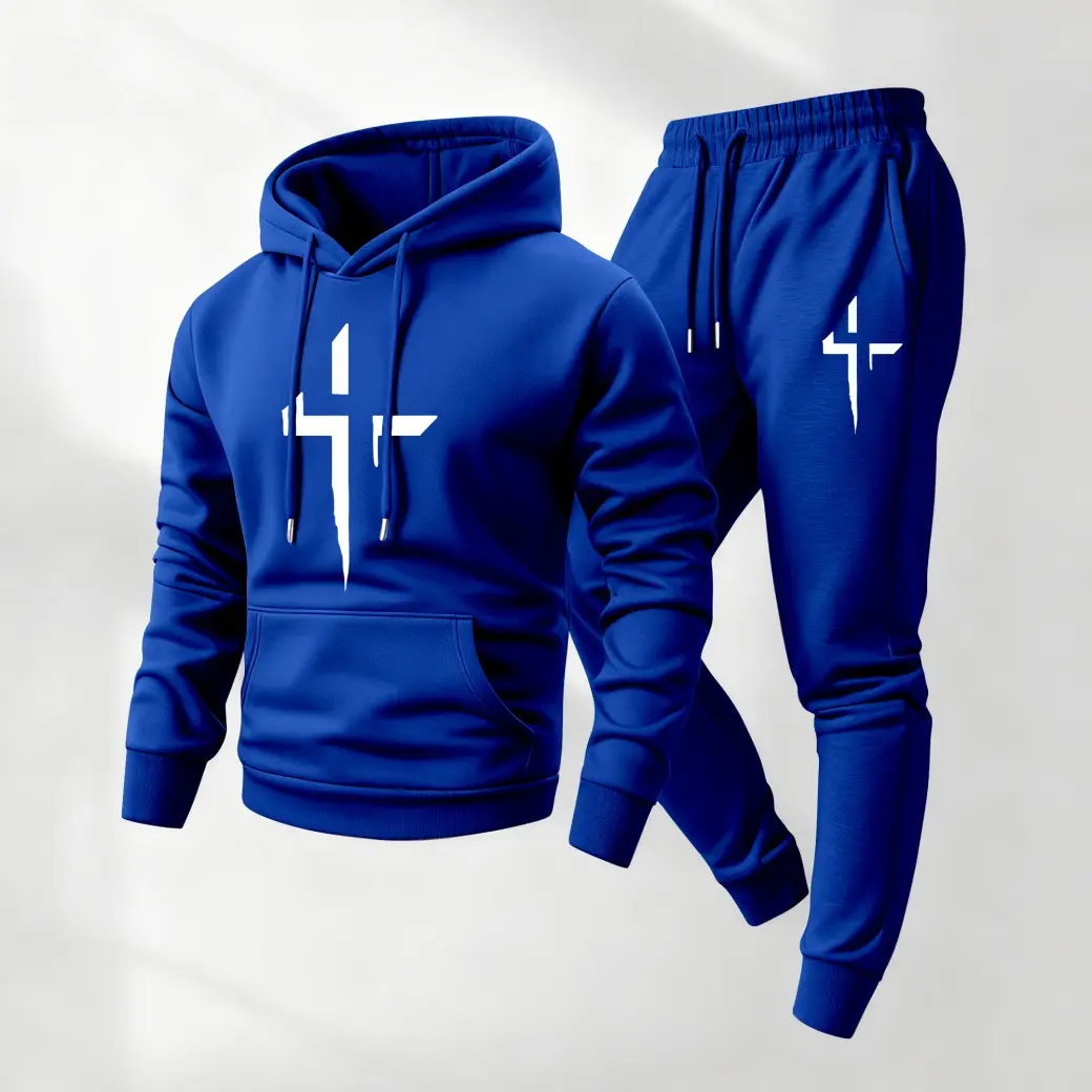 Men's Casual Cross Print Sweatsuit, 2-Piece Loose-Fitting Hoodie and Pants Set, Long Sleeve Polyester Athleisure Wear, Casual Sweatsuits, Workout Gym Clothing, Hoodie/Jumper, Machine Washable, Male, Normal Type, Fashion