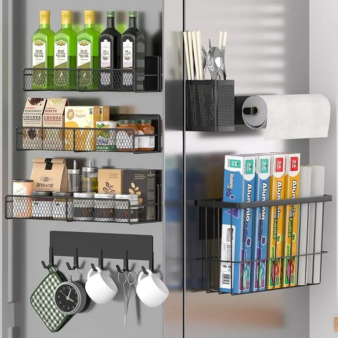 7 Pack Magnetic Spice Rack for Refrigerator,  Metal Magnetic Shelf, Moveable Magnetic Storage Fridge Organizer, Spice Organizer, Hook Rack, Paper Towel Holder, Utensils Holder, Cutting Board Holder