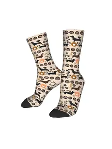 1 Pair Funny Happy Men's compression Sock Dachshund And Coffee Pattern Vintage Harajuku Hip Hop Novelty Seamless Crew Crazy Sock Gift Printed Christmas Halloween