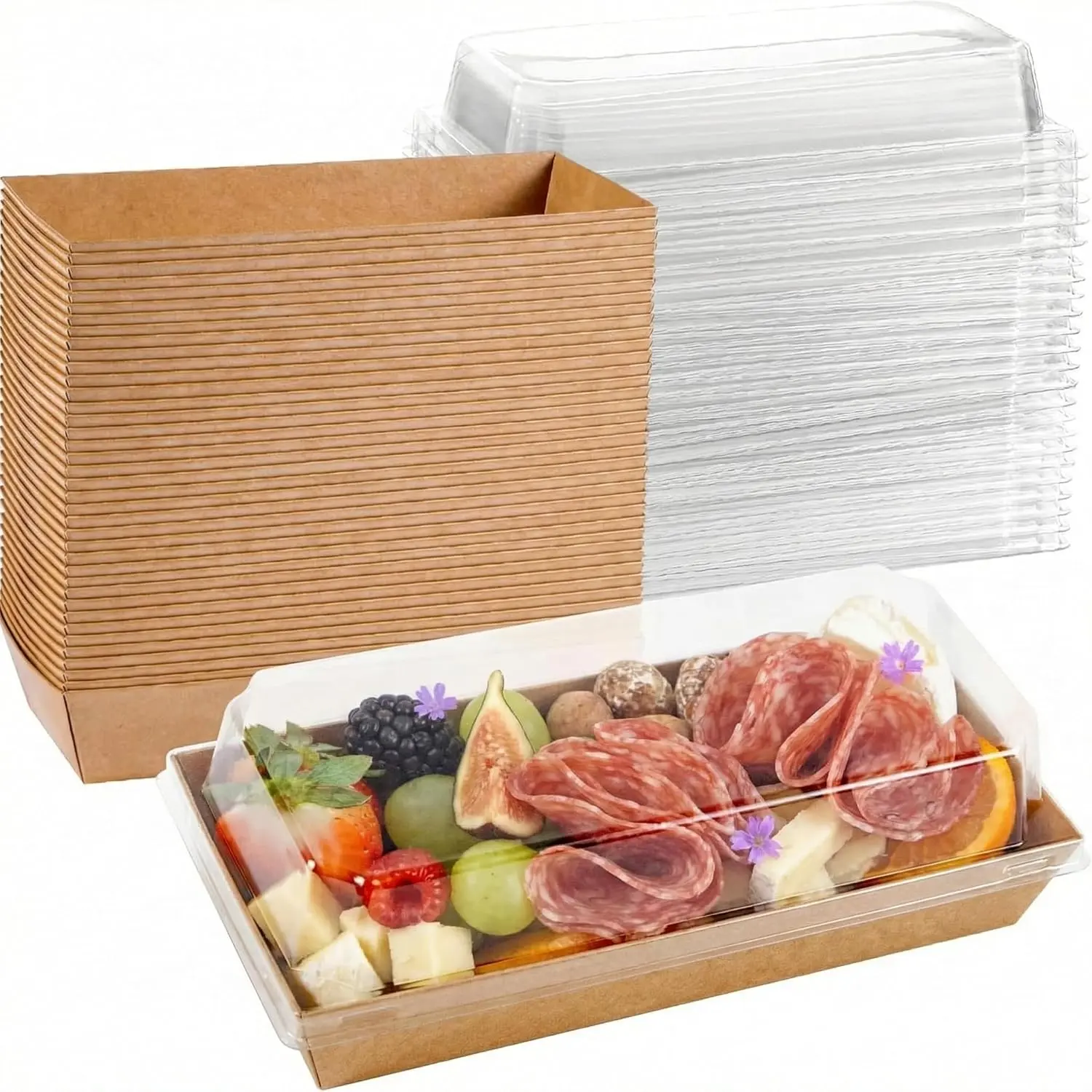 50 Pack 7.5x3.3 Inches Small Charcuterie Boxes with Clear Lids, To Go Paper Mini Treat Box, Charcuterie Accessories, Dessert Boxes for Cookie, Cake Slice, Chocolate Strawberry, Donut (Brown)