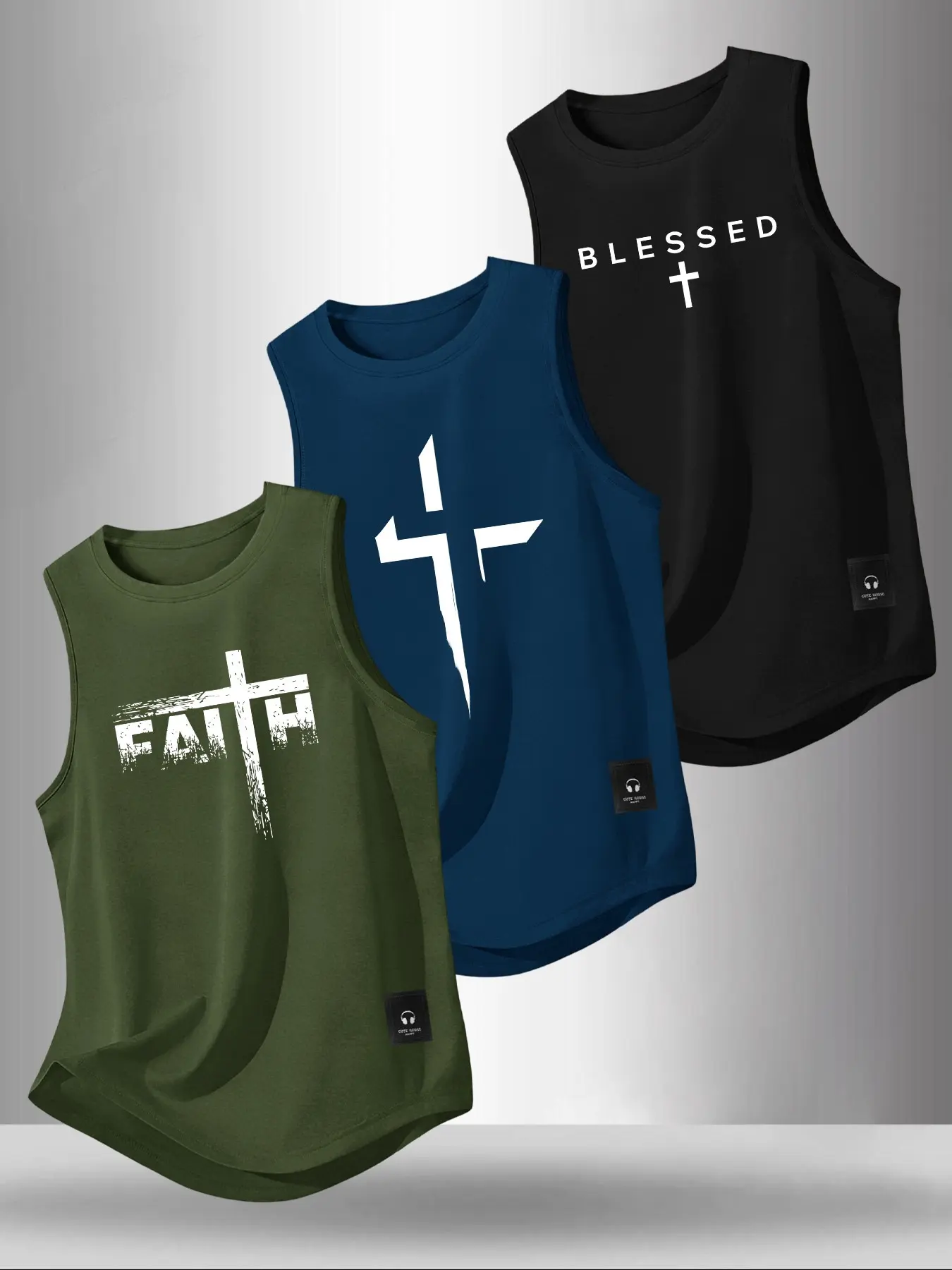 Men's 3-Pack Faith Cross Graphic Print Tank Tops with Small Label, Casual Streetwear Sleeveless Workout Tops, Sleeveless Activewear, Breathable Summer Vests #FaithTankTop #CrossPrintTank #LabeledTankTop #StreetwearWorkoutVests