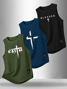 Men's 3-Pack Faith Cross Graphic Print Tank Tops with Small Label, Casual Streetwear Sleeveless Workout Tops, Breathable Summer Vests #FaithTankTop #CrossPrintTank #LabeledTankTop #StreetwearWorkoutVests