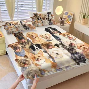 Happy Puppy Family Pattern Fitted Sheet Set, 3 Piece Bedding Set with Two Pillowcases, Dustproof and Non-Slip Soft Breathable Deep Pocket Bedding for Bedrooms and Dorms, Bed Sheets Set