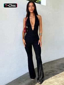 women's plain halter neck tie back jumpsuit, minimalist slim casual sleeveless backless jumpsuit for daily wear, ladies clothes for all seasons, womenswear, chic casual jumpsuit