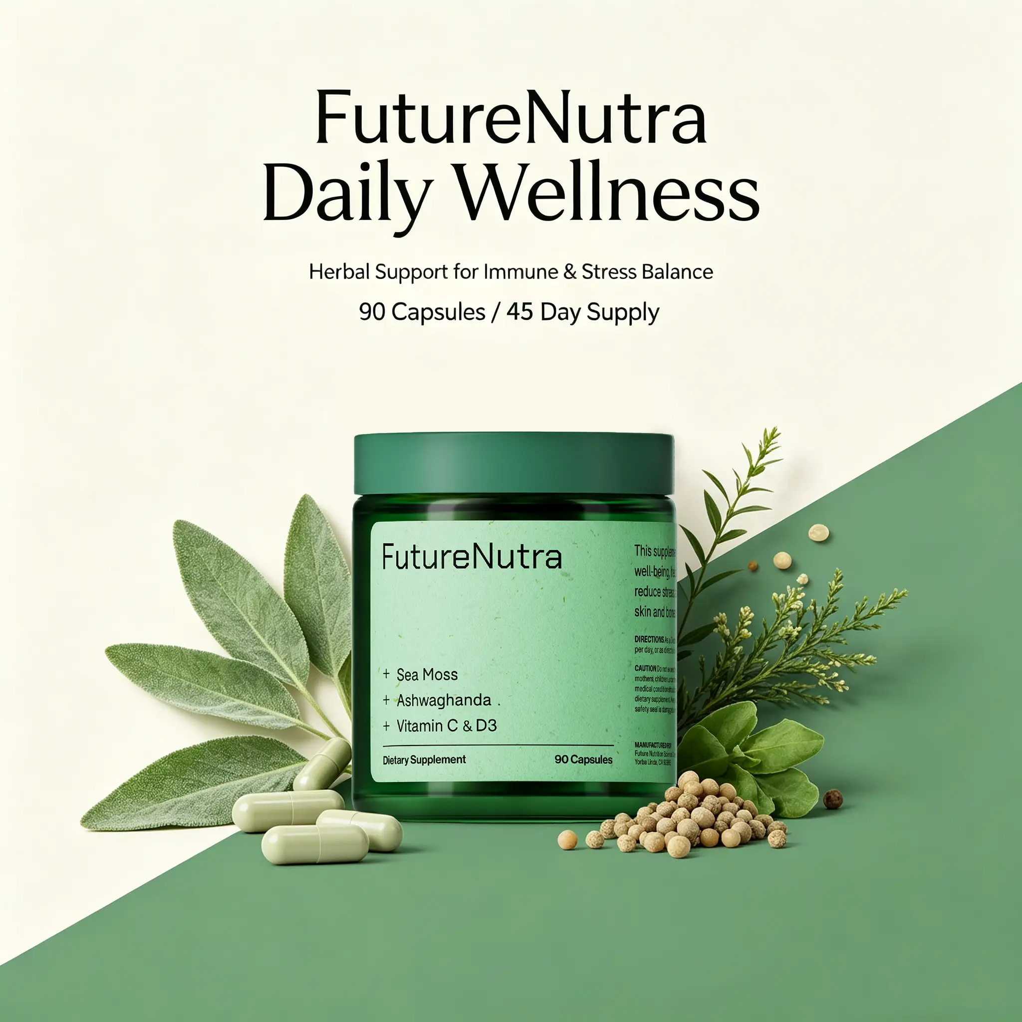 FutureNutra Sea Moss Complex | Ashwagandha, Vitamin C & D3, Immune & Stress Support Supplement, 90 Capsules
