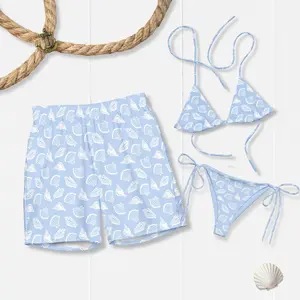 Matching Couple Swimwear Shell Print Set – Blue Triangle Bikini & Men's Beach Swim Trunks – Summer Vacation Beach Outfit