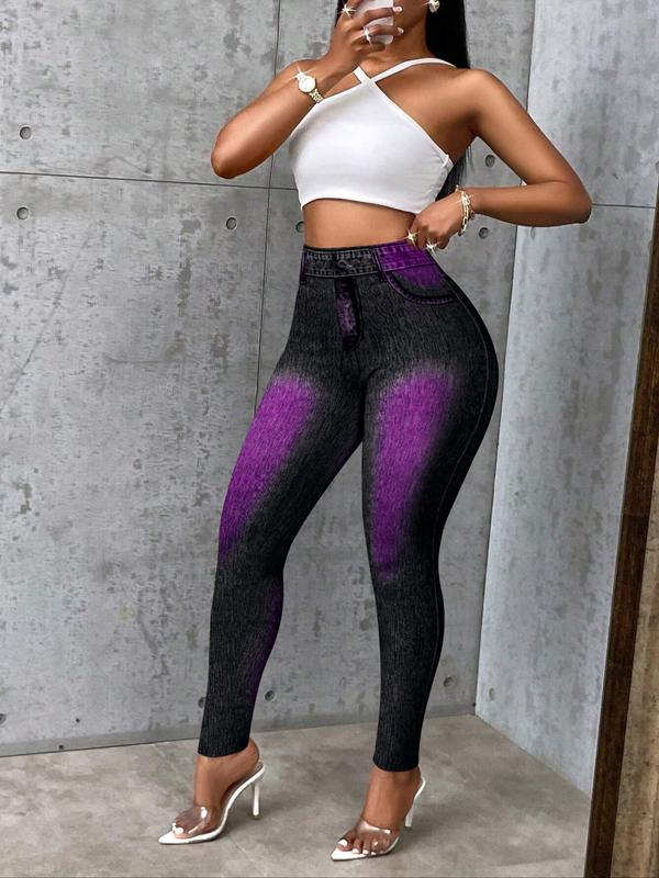 Women's High Waist Faux Denim Printed Skinny Pants, Casual & Formal Wear, All Seasons, Vibrant Pattern, Adult Bottoms