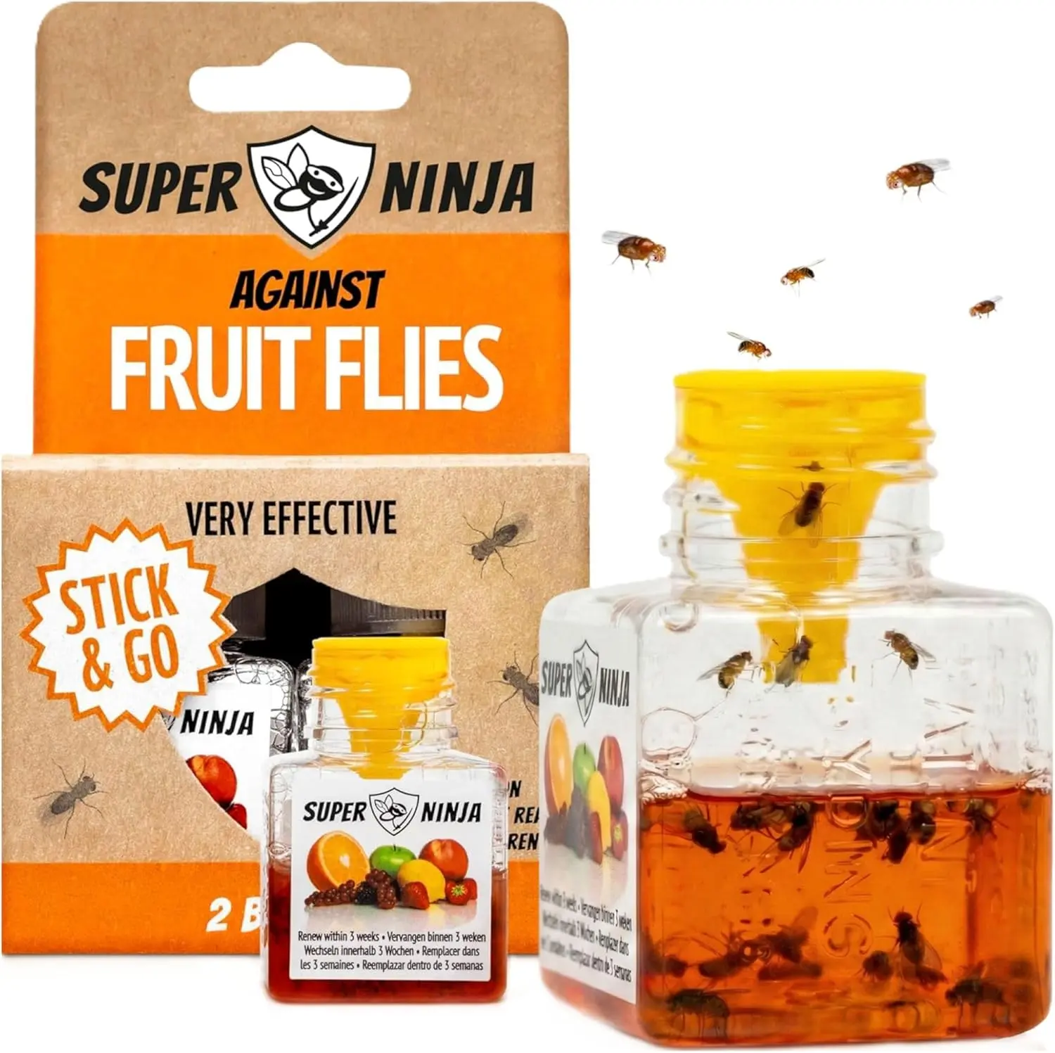Fruit Fly Traps for Indoors, 2 Pack | Fruit Flies Catcher for Home & Kitchen with Adhesive Back, Kids & Pets Friendly, Upto 3 Weeks of Performance per Bottle