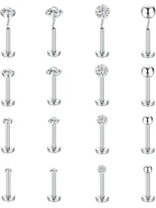 16Pcs Tragus Nose Studs 316L Stainless Steel 16G Lip Labret Medusa Piercing Bar Silver Gold CZ Round Ball Cartilage Lobe Earring Push In Flat Back Piercing Jewellery For Women Men  6mm 8mm Nose Piercing Jewelry