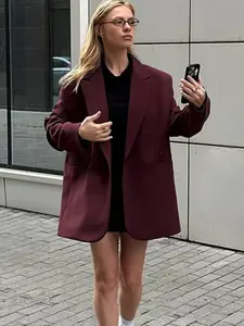 Burgundy Double - Breasted Blazer Oversized Tailored Jacket with Lapel & Patch Pockets Elegant & Edgy Office Streetwear Women's Layered Outerwear Stylish Layering & Statement Outfits Formal Workwear
