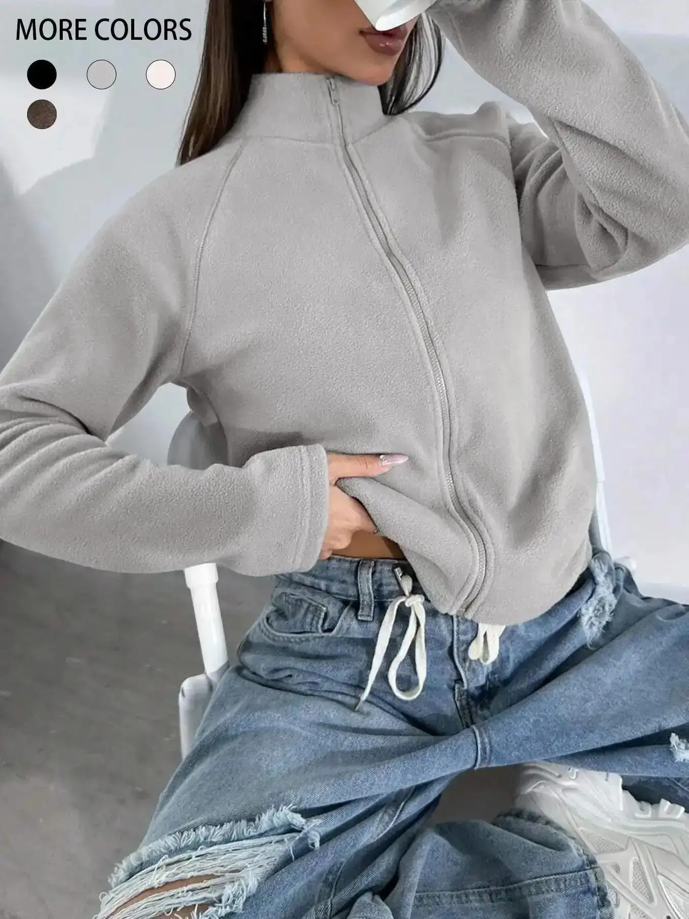 Women's Solid Basic Fitted Raglan Sleeve Zip Up Polar Fleece Jacket Coats Womenswear, Everyday Casual Long Stand Collar Outerwear for Spring and Fall, Ladies Clothes for Daily Wear, Provides Soft Skin Friendly Comfort