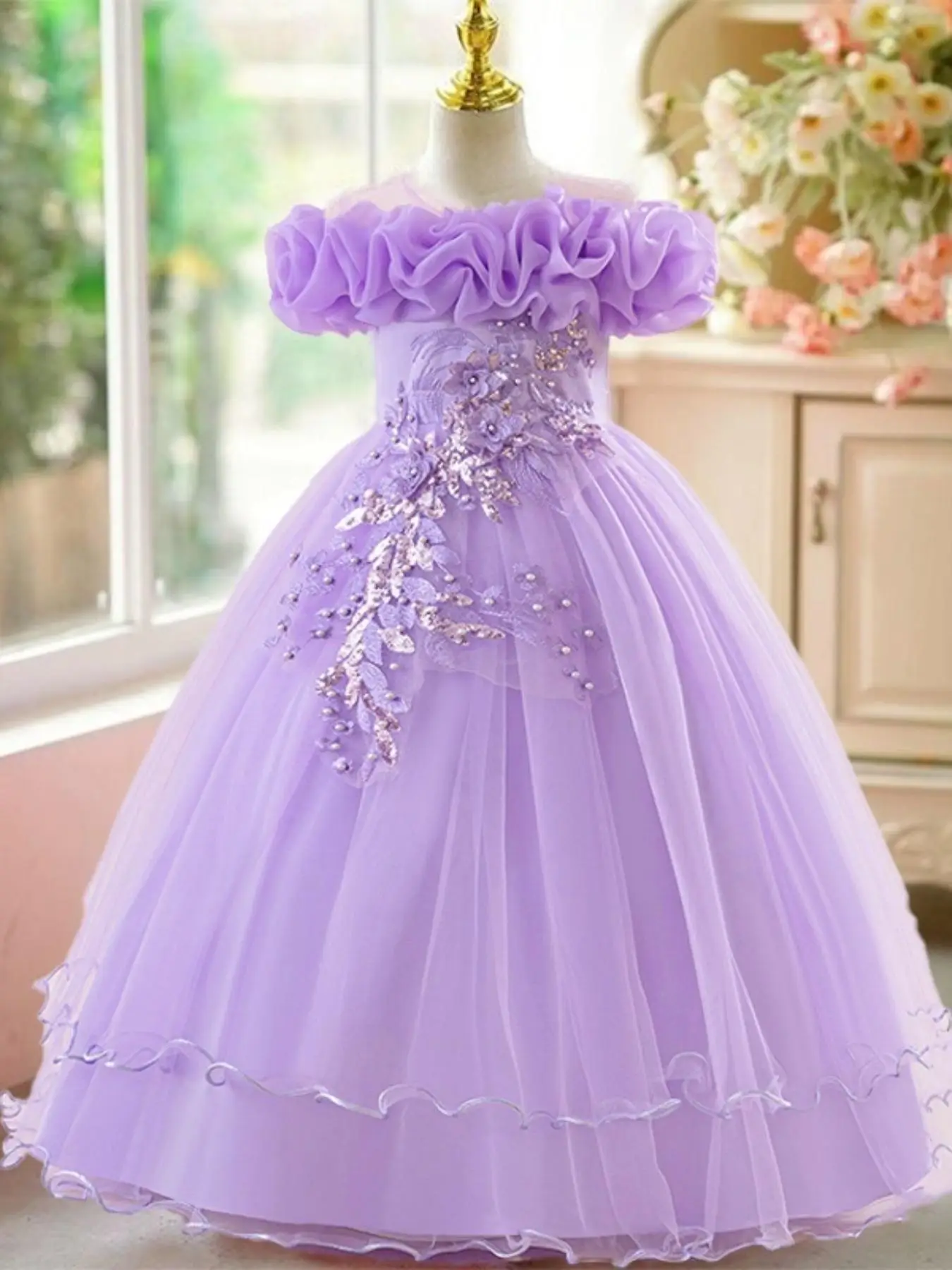 Off Shoulder Sequin Tulle Party Princess Dress, Elegant Floral Embroidery Sweater Dress for Evening Party, Kids Clothes for Summer