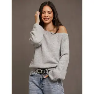 Siren Gaze Solid Ribbed Knit Asymmetrical Neck Sweater,Long Sleeve Tops,Off The Shoulder Sweater