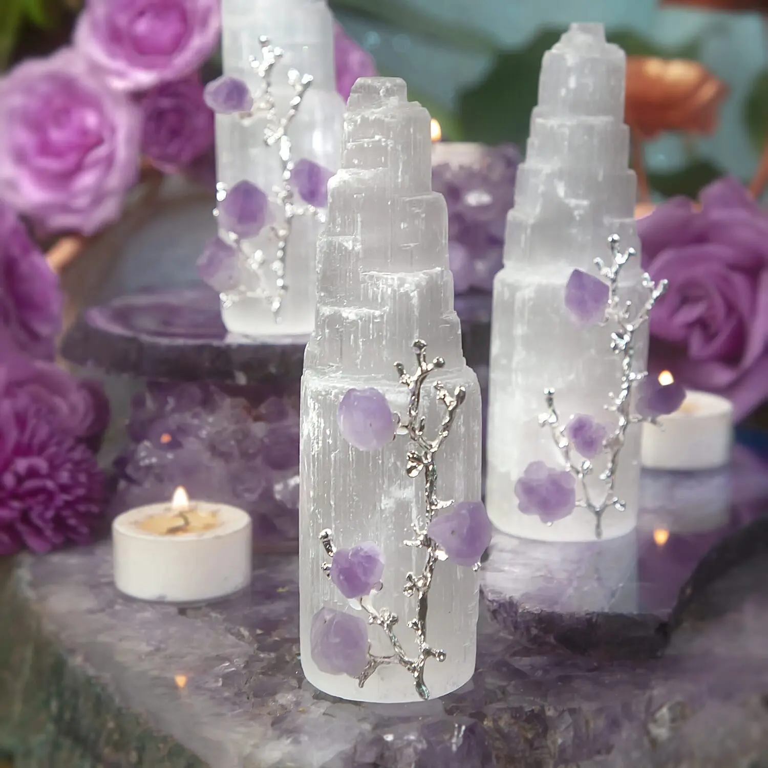 Amethyst Flower Leaning on Selenite Tower