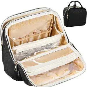 Toiletry Bag - Black Quilted Travel Organizer with Clear Pockets and Zipper Closure for Makeup and Toiletries