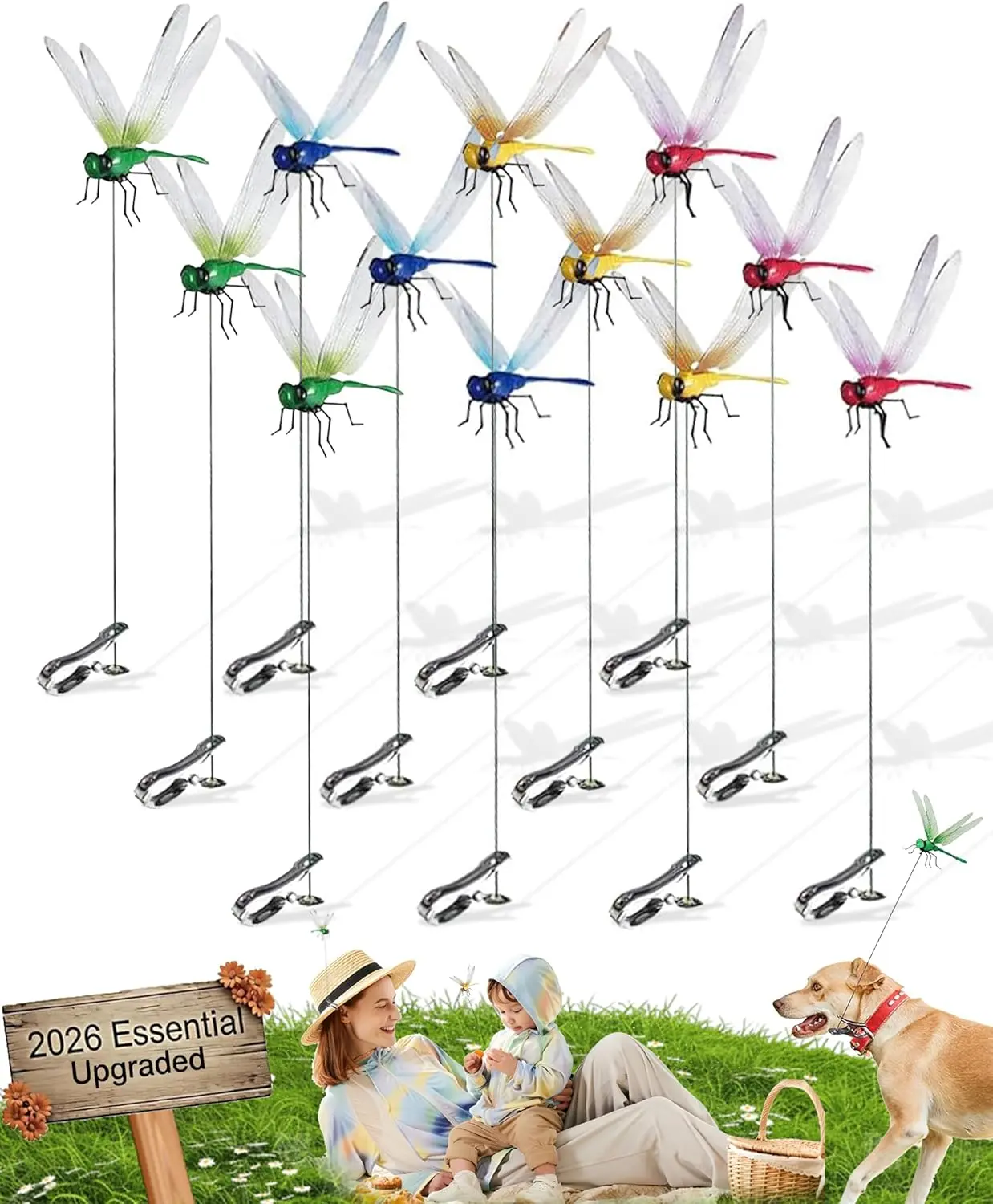 Poslani Dragonfly garden decorations, 3D Simulation Dragon Fly Clips for Bugs,1:1 Realistic Waterproof Fake Dragonflies for Garden Stakes,Yard Ornaments,Hat Clip - Upgraded Double Reinforced Wings(12Pcs)
