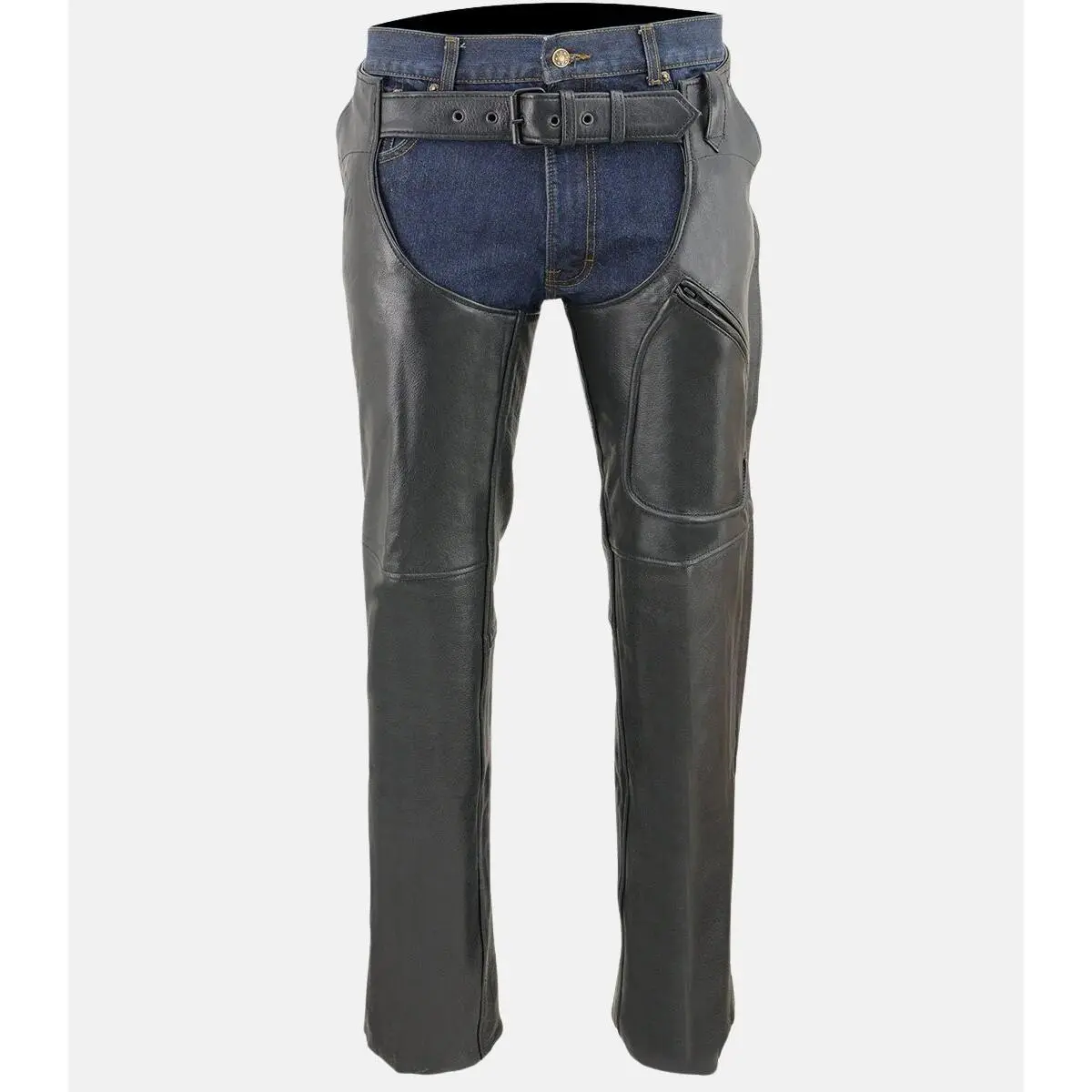 Men’s Classic Black Leather Chaps with Thigh Patch Pocket
