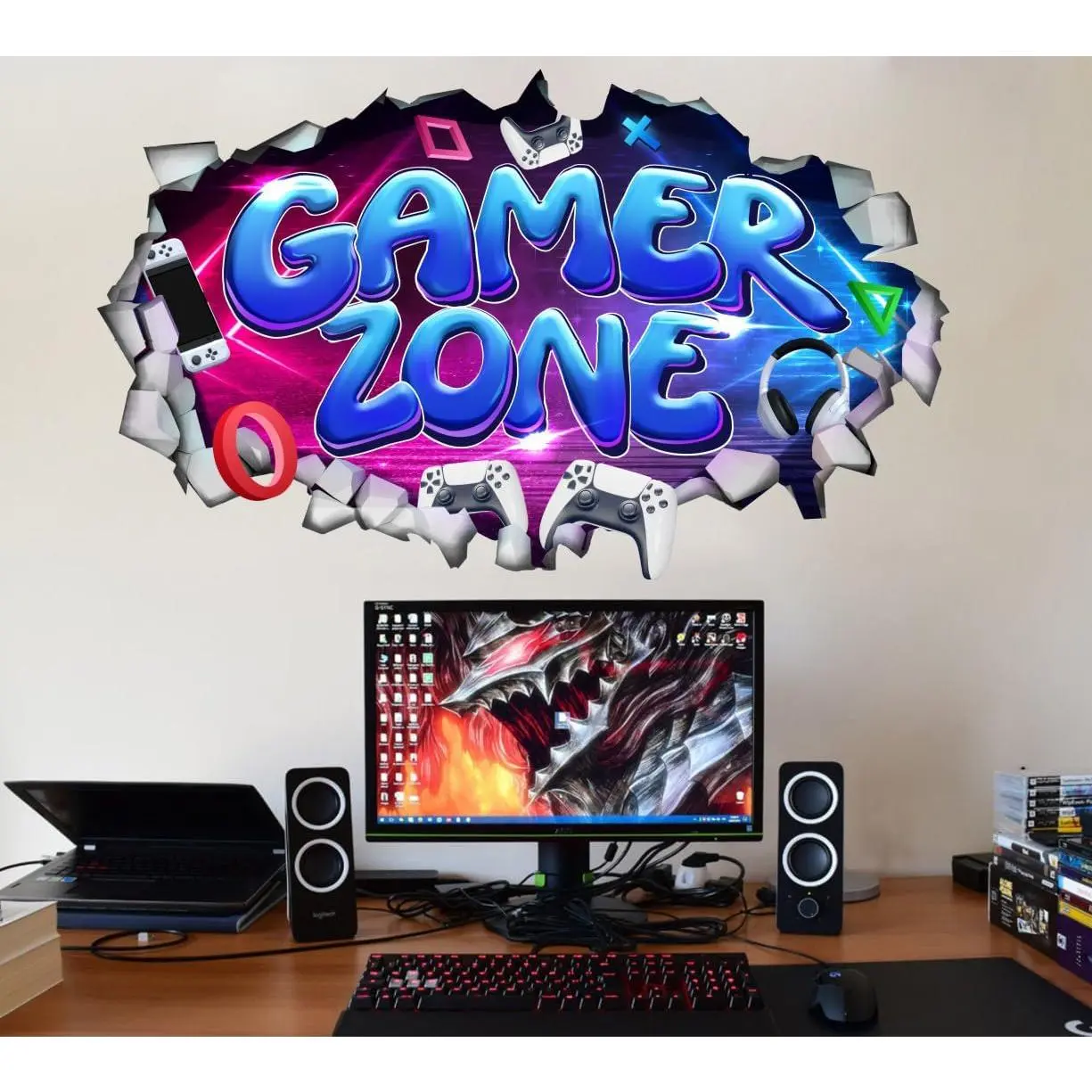 Large 3D Gamer Zone Wall Decals (20.7"x34.6"), Video Gaming Vinyl Wall Stickers for  Lover, Removable Video  Artwork for Boys Playroom Bedroom Decor