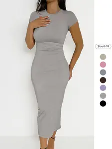 Women's Plain Round Neck Bodycon Dress, Casual Solid Color Short Sleeve Maxi Dress for Summer, Ladies Clothes for Daily Wear