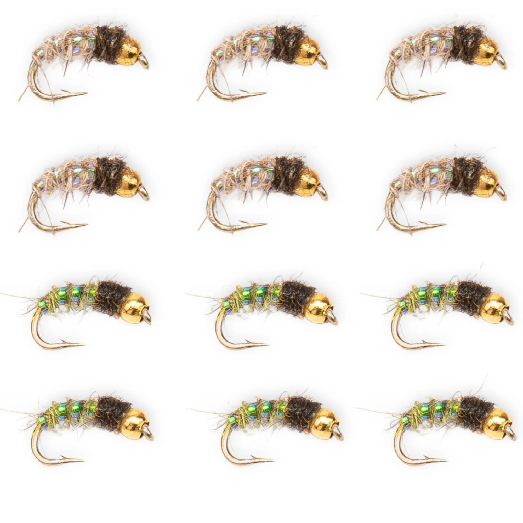 Floating Feather Supply Caddis Larva Fly 12 Pack – Olive & Gray, Trout Subsurface Size 14-18