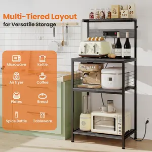 Modern Kitchen Bakers Rack with Power Outlet, 4-Tier Coffee Bar Table & Microwave Oven Stand, Adjustable Storage Shelf for Spices and Small Appliances, Space-Saving Organizer, Two Sizes  (31.5"/23.6"), Gray