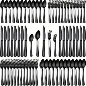 60pcs Silvery/Black Stainless Steel Silverware Suitable For 12 People To Use, Steak Knife, Salad Fork, Dessert Spoons, Cutlery Set With Gift Box, Kitchen Accessories, Home Outdoor, Wedding Camping Stuff, Christmas Party Gift, Dishwasher Safe
