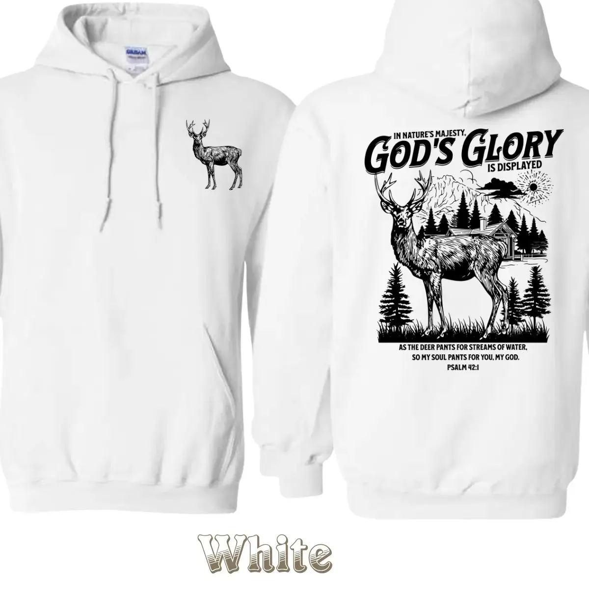 God’s Glory Deer Hoodie – Majestic Buck And Mountain Scene With Psalm 42:1 Bible Verse , Christian Faith Inspired Design , Perfect For Outdoor Adventures And Worship Wear , Classic Gildan Pullover Hoodie , Comfortable Daily Outfit Menswear Casual Tops