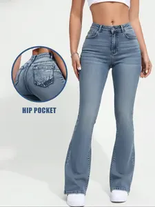 Autumn women's mid-rise washed stretch skinny flared jeans, hip-lifting slim flared pants, Christmas atmosphere wear