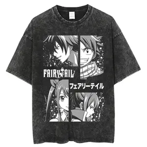valentine shirts  FAIRY TAIL Anime Manga Peripherals T-shirt Natsu Lucy Happy Gray Washed Vintage2 Loose Oversized hot product high quality Unisex