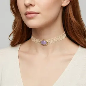 Ivory Heart Lace Choker With Moonstone Necklace 12" + 5" Extender
