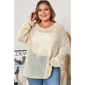 Parchment Hollow Out Knit Star Pattern Accent Plus Size Jumper