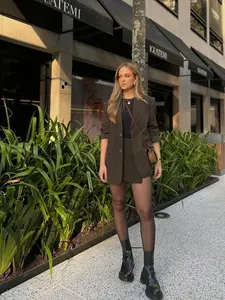 Elegant Women's Solid Color Long Sleeve Blazer & Asymmetrical Hem Midi Skirt, Single Button Design, Office Commute Street Style