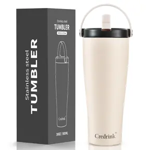 Credrink 30oz Flip Straw Tumbler with Handle Water Bottle & Boot Interchangeable Straw & Chug Lids Insulated Stainless Steel Jug for Gym Sports Outdoors - Drinkware Stylish Flasks