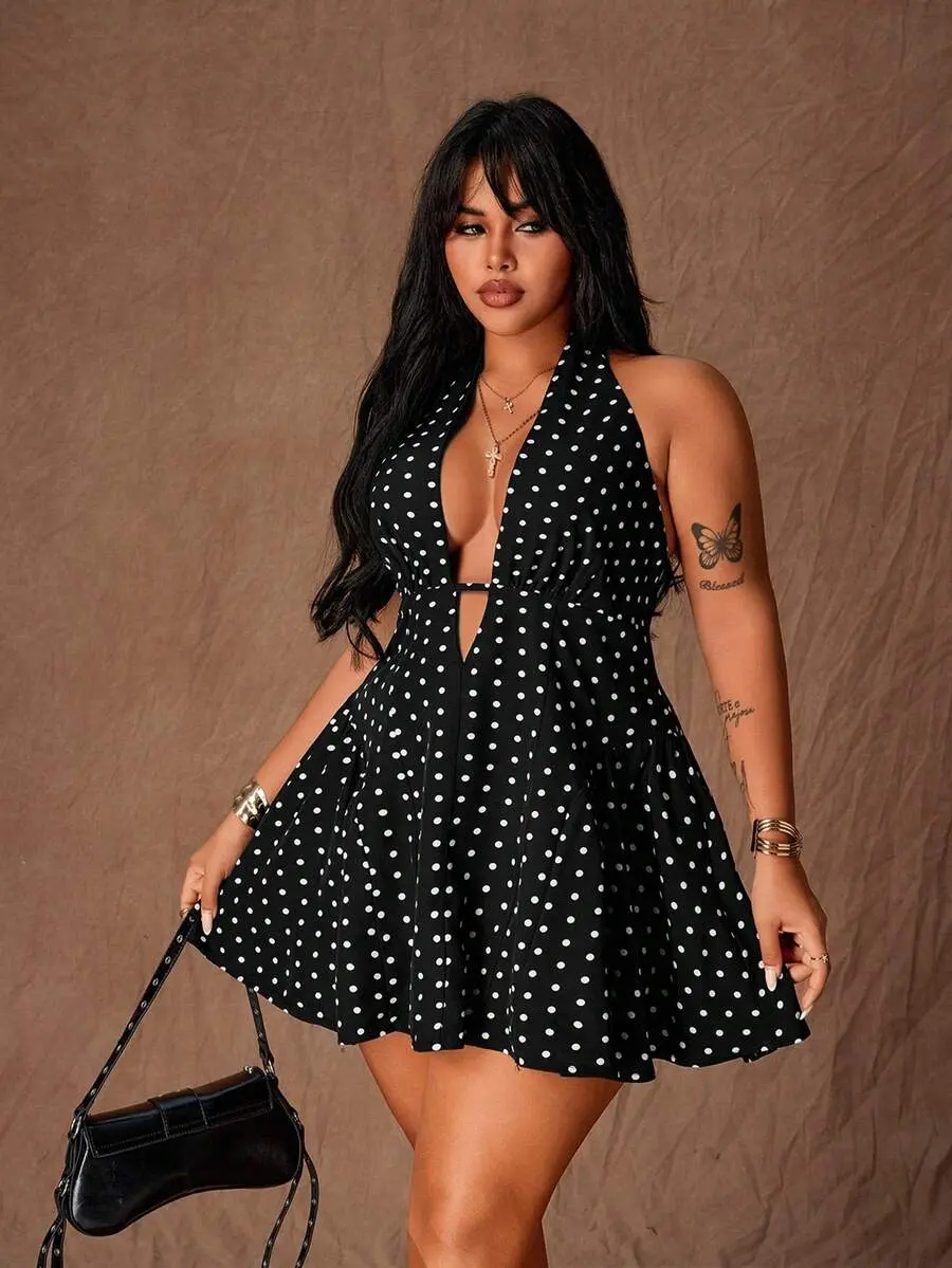 slim fit dress slacks Polka Dot Halter Mini Dress  V-Neck Slimming Fit