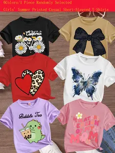 Girls Summer Trendy Butterfly Heart Print Comfortable Versatile Short Sleeve T-Shirt, Casual Loose Fit, Random Style, Perfect Gift