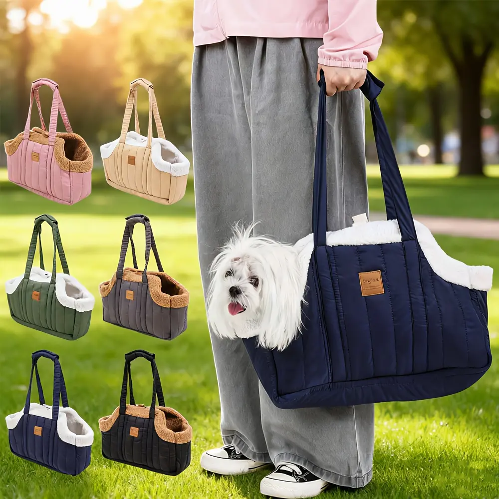 Doglemi'S Open Winter Handbag Features a Snap Closure And Serves As a Cozy Pet Carrier for Chilly Conditions, Perfect for Outdoor Activities, Available in Colors Like Brown, Black, Beige, Pink, Green, And Blue