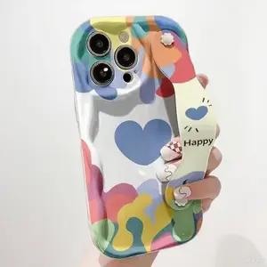Graffiti Wrist Strap Phone Case for iPhone 17promax 16 Plus 16ProMax  15pro 14 13 12 11 , Anti-Lost & Secure,Anti-drop and Precise Camera Lens Protection,Colorful Retro Oil Painting Love Heart Pattern, Cute Curly Wave Border Phone Case,