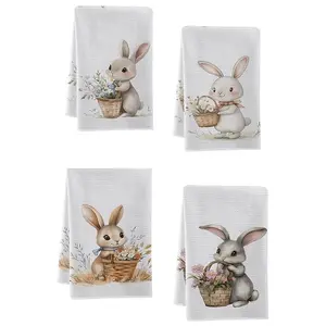Cute Watercolor Rabbit Kitchen Towels Set of 4, Dish Drying Cloths, Hand Towels, Kitchen Decor, Neighbors Gift, Friend Birthday Present