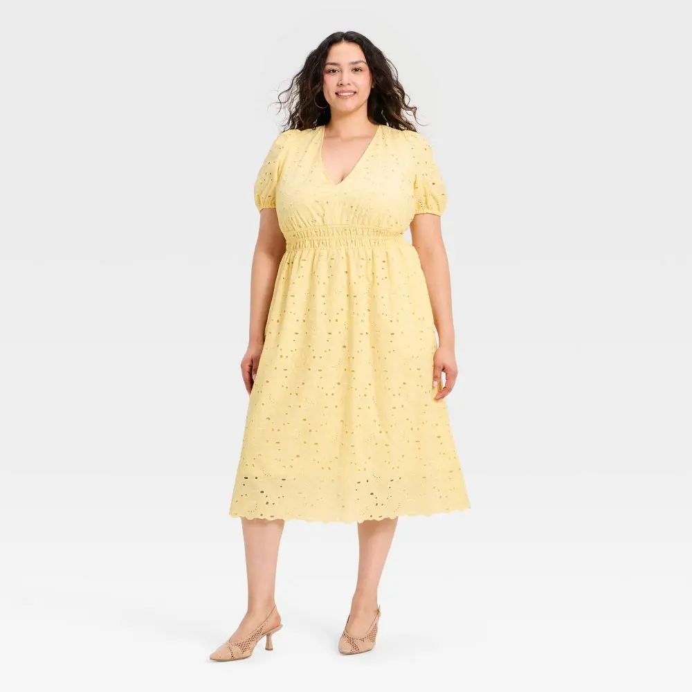 Women's Puff Elbow Sleeve Eyelet Midi Empire Waist Dress - A New Day - Yellow Women's Puff Elbow Sleeve Eyelet Midi Empire Waist Dress - A New Day - Yellow