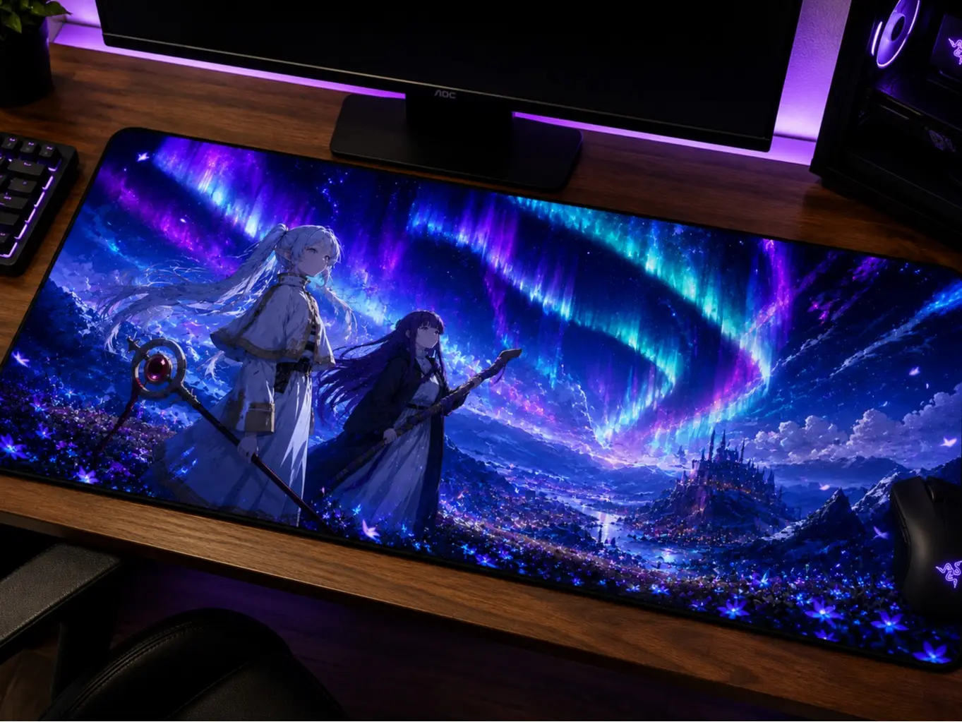 Frieren Fern XXL Mouse Pad Anime Gaming Desk Mat Fantasy HD, Large Extended Desk Mat, Anti-Slip Rubber Base, Stitched Edge