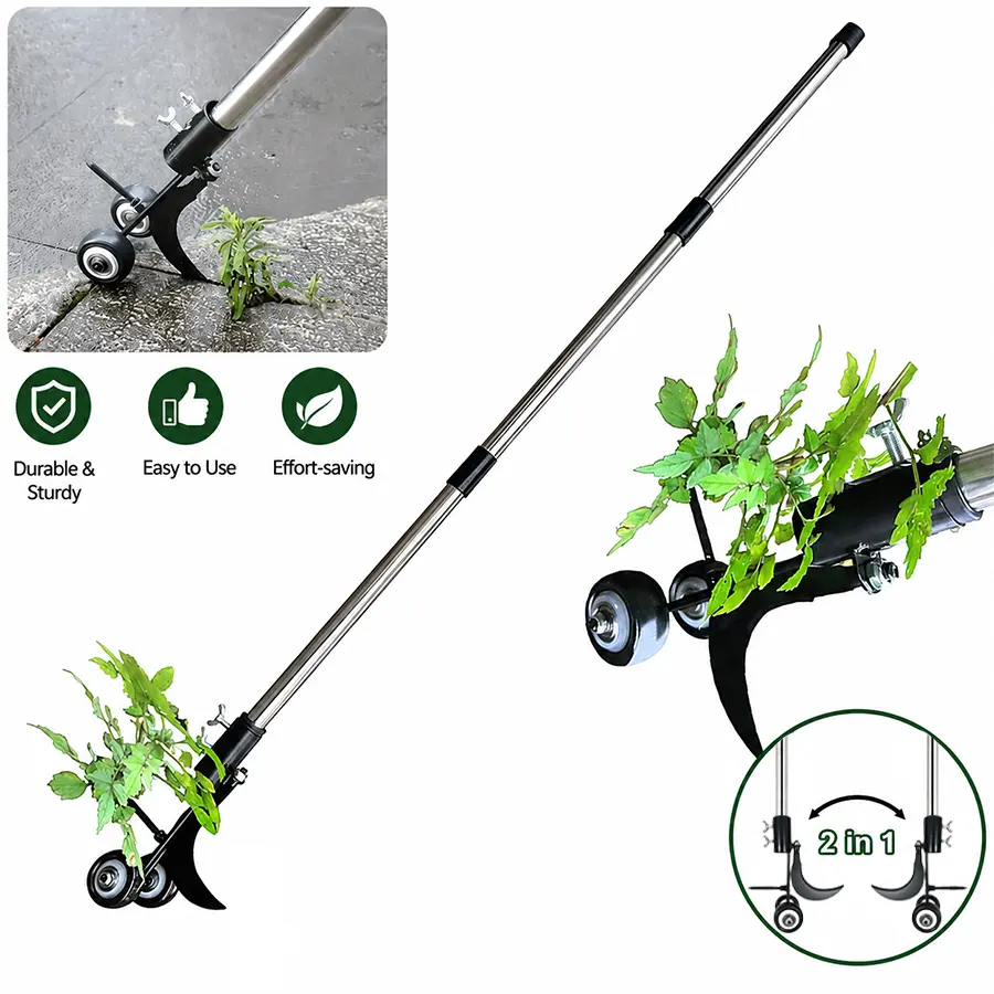 2-in-1 Long Handle Weed Puller Tool with Wheels, No Bend Standing Garden Weeder, Easy Root Removal Tool for Lawn, Backyard & Flower Beds