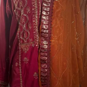 3 pcs Embroidered Suit Chiffon Dupatta in Orange with Detailed Sequin Work