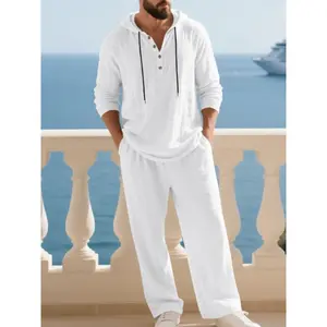 Men's Trendy Linen Hooded Two-Piece Set, Casual Vacation Style, Loose Fit Breathable Fabric, Hoodie & Wide-Leg Pants, Spring & Fall Wear
