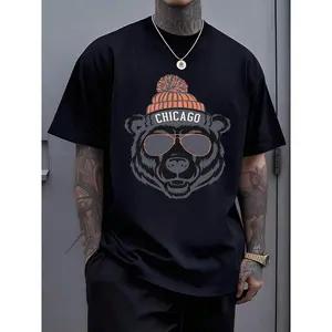 180g[100%cotton]Cool Bear Wearing Orange Beanie With Chicago Text And Stylish Sunglasses Symbolizing Urban Strength And Confidence 100% Cotton Men TshirtNew Casual T-Shirts For Men And WomenCasual Short-Sleeve T-Shirts For Men And Women