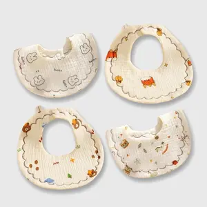 4 Pack Embroidered Fine Gauze Bibs for Babies, Soft Absorbent 6-Layer Drool Towels, Unisex Loose-Fitting Baby Bibs