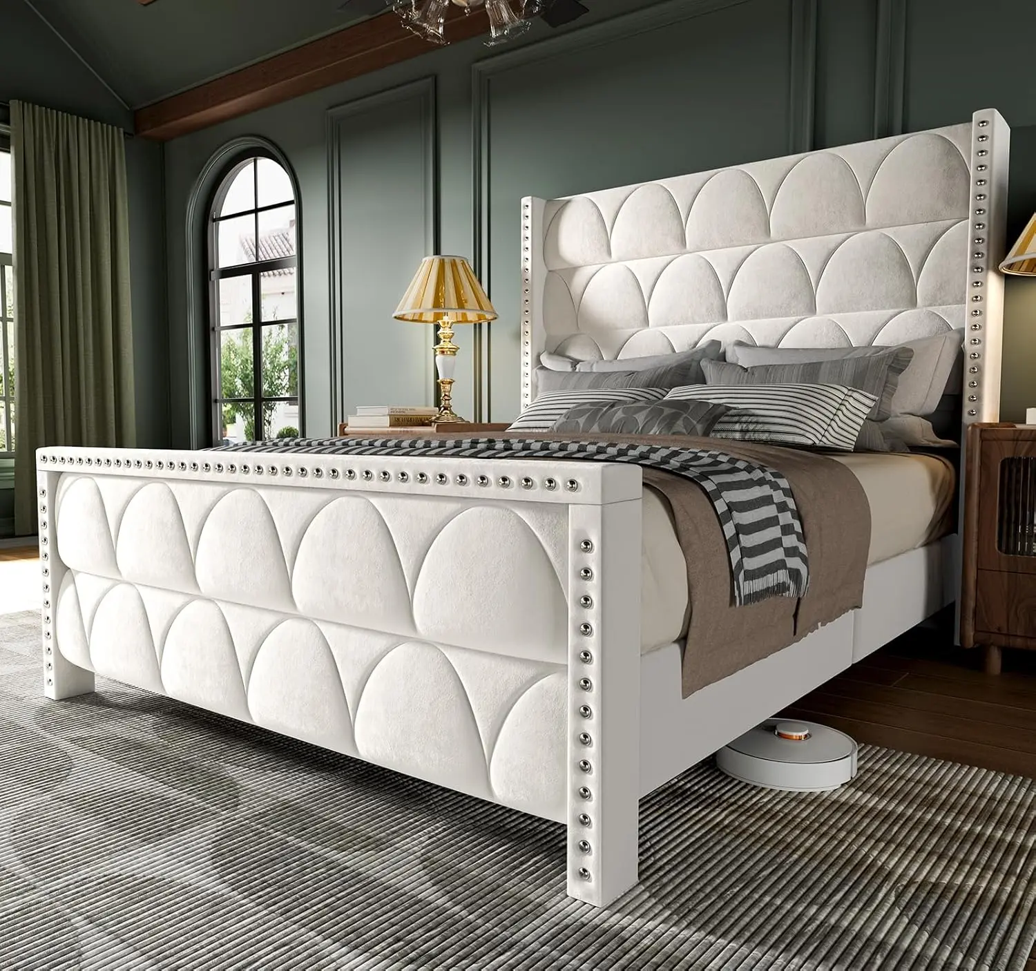 Queen Size Velvet Upholstered Wingback Platform Bed Frame, 56-in Tufted Headboard, 1000LBS Capacity Sturdy Wooden Slat Support, Noise-Free Bedroom Furniture, Queen Bed Frame